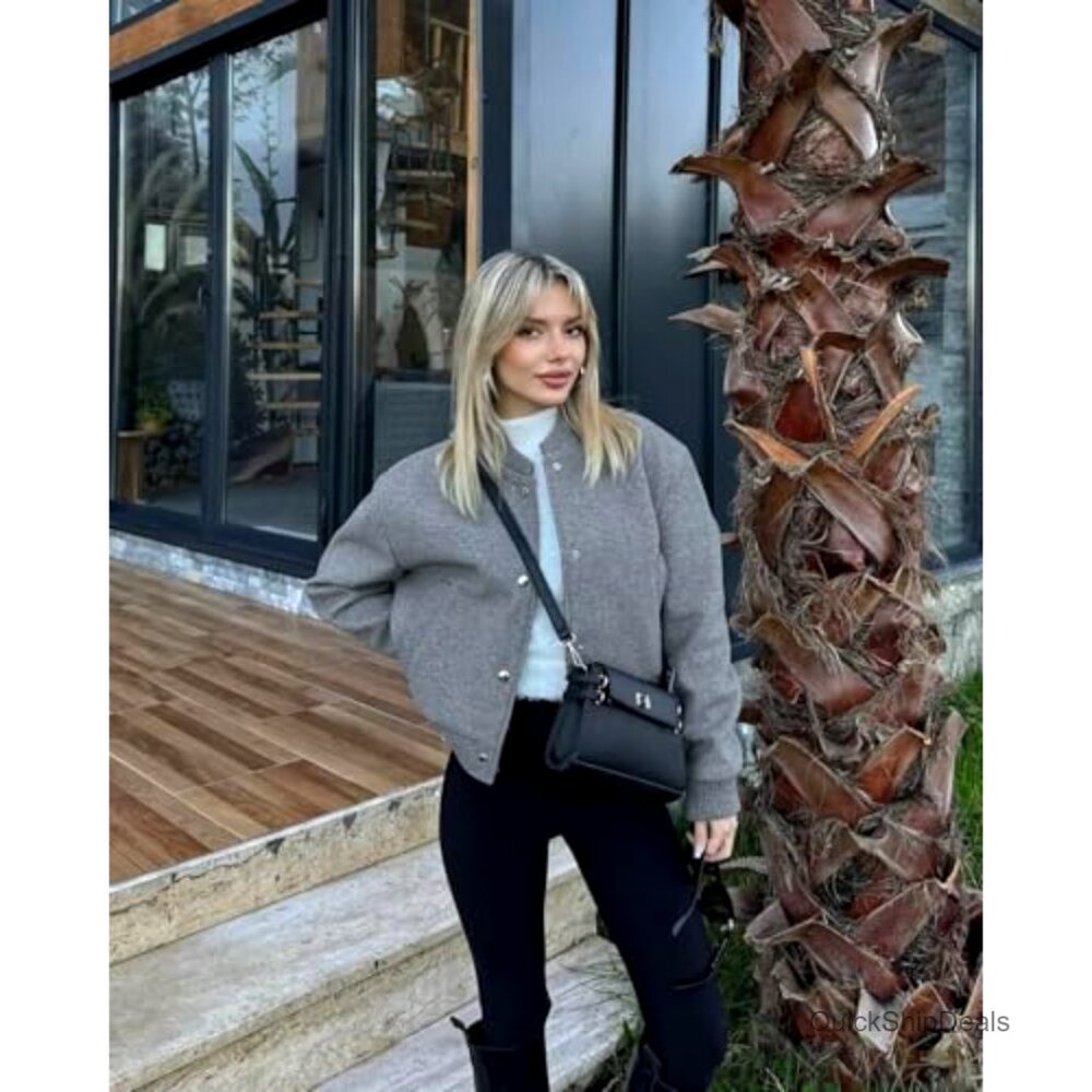 Cropped Bomber Jacket Wool Blend Button Down Long… - image 3